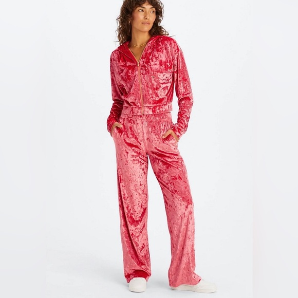 Fabletics Strawberry Red Crushed Velour Zip Up Hoodie Go To Wide Leg Pant Set